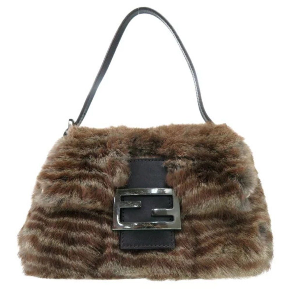 Fendi MAMMA BAGUETTE handbag Rabbit Fur Leather Brown